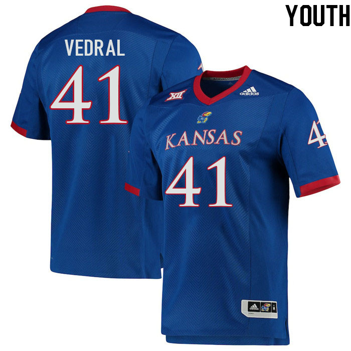Youth #41 Ezra Vedral Kansas Jayhawks College Football Jerseys Stitched Sale-Royal